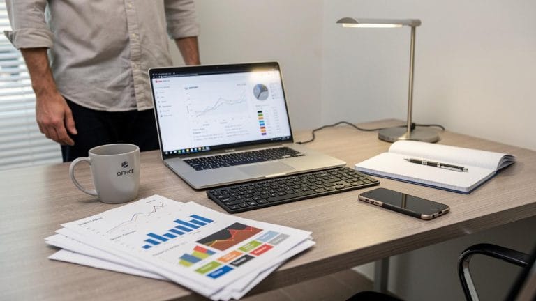 Radni sto sa laptopom koji prikazuje grafikone, papiri sa dijagramima i šoljom za kafu