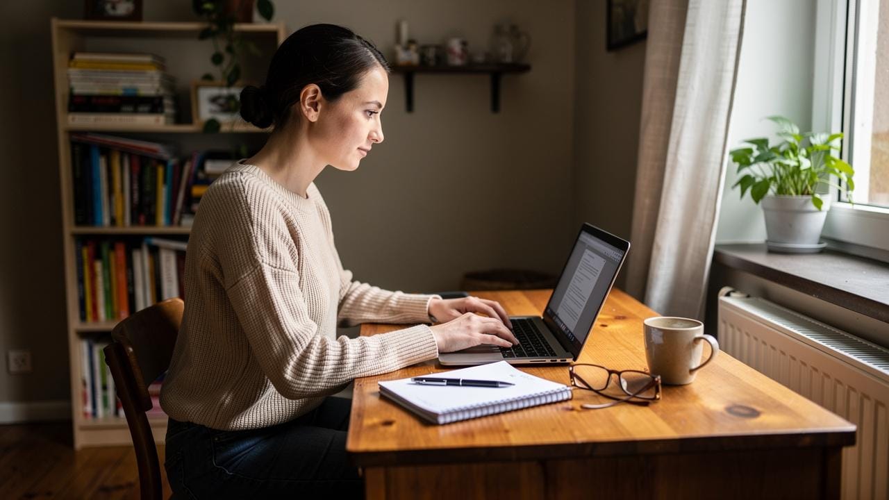 Žena sedi za drvenim stolom i kuca na laptopu pored sveske i šolje