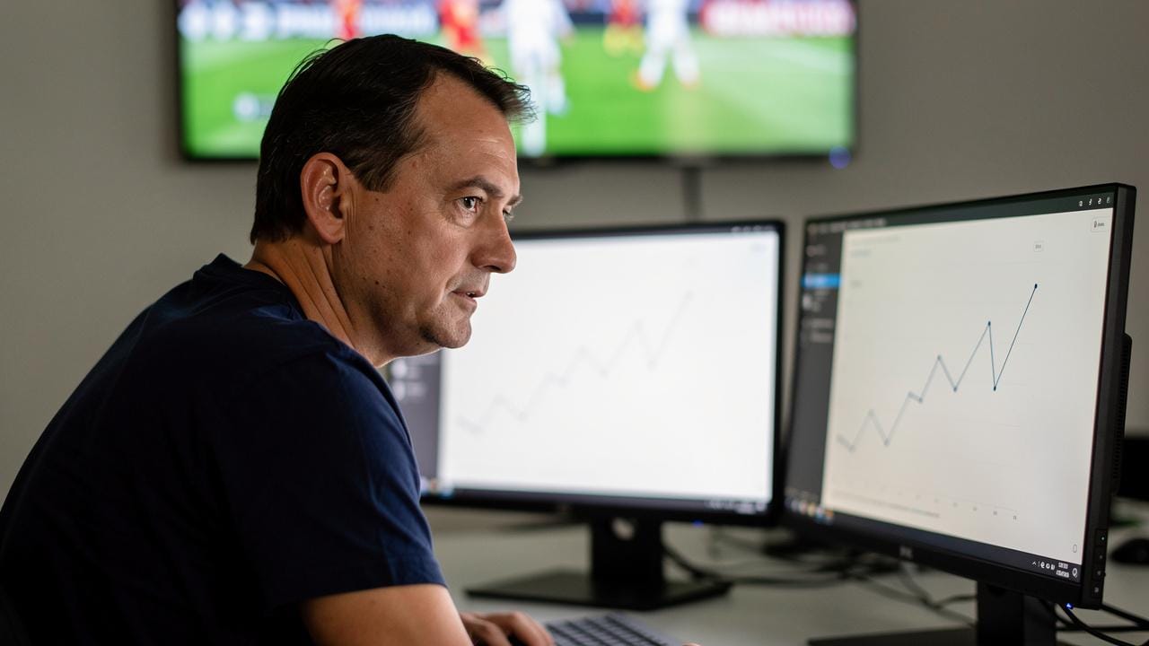 Muškarac sedi za stolom i posmatra monitore sa linijskim grafikonima