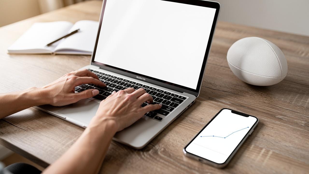 Ruke kucaju na laptopu na drvenom stolu uz telefon sa grafikom