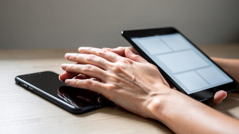 Ruke drže tablet i leže preko mobilnog telefona na stolu