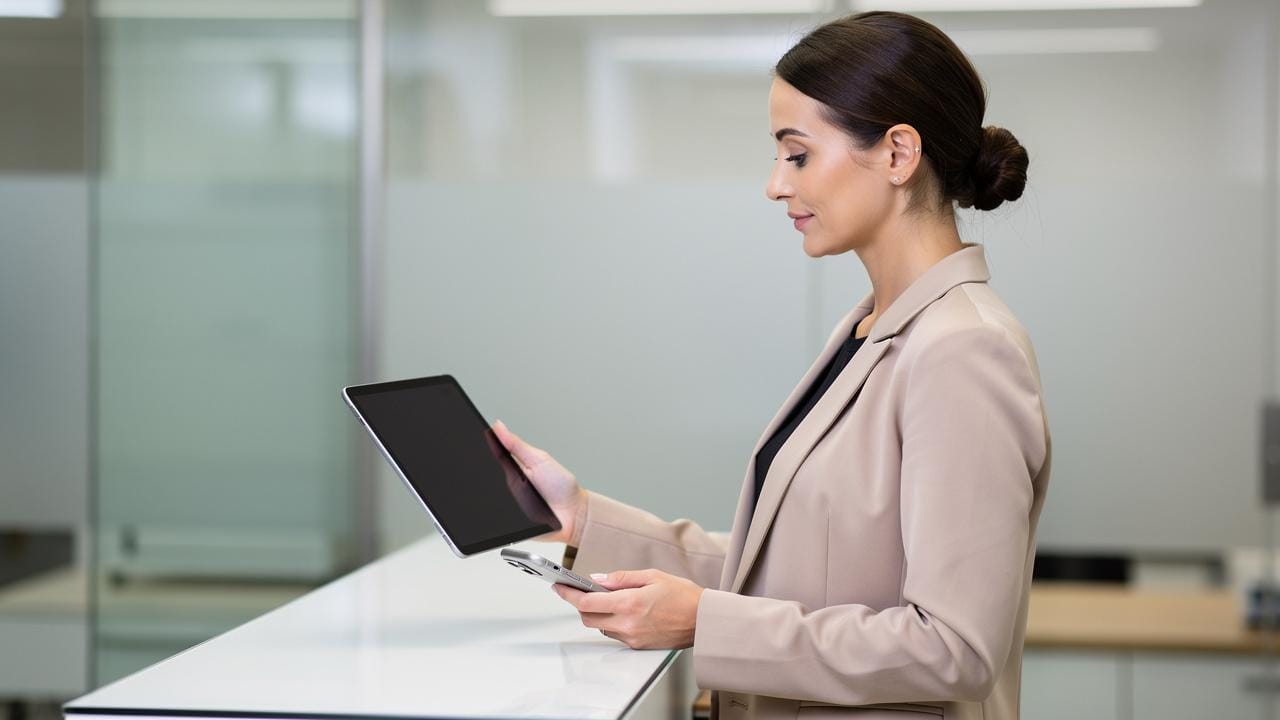 Žena u bež sako drži tablet i mobilni telefon u kancelariji